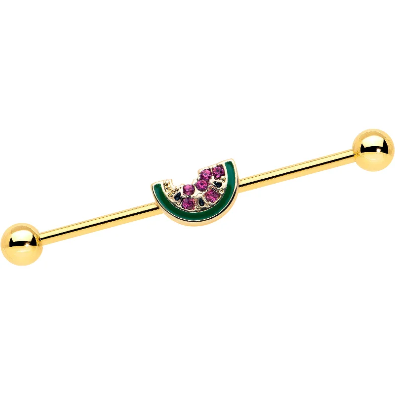 Women's Earrings – Elegant Designs for Every Personality--14 Gauge Gold Tone Watermelon Bite Industrial Barbell 38mm