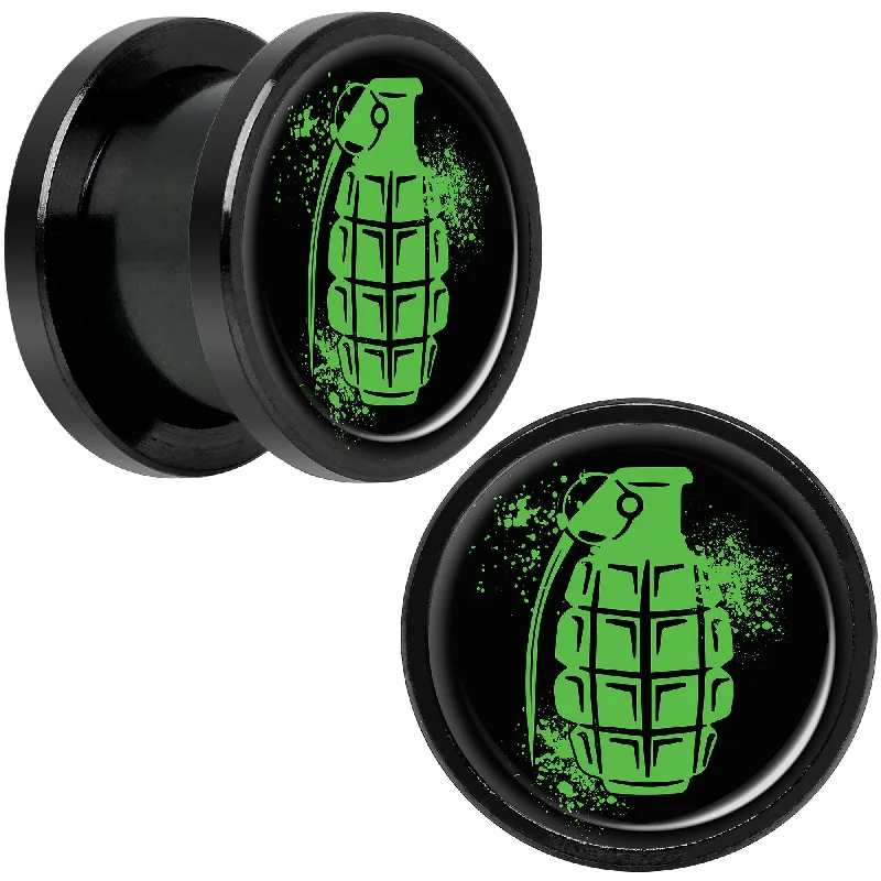 Women's Earrings – Elegant Designs for Every Personality--Green Grenade Black Anodized Screw Fit Plug Set 1/2 Women's Earrings – Elegant Designs for Every Personality--Green Grenade Black Anodized Screw Fit Plug Set 1/2