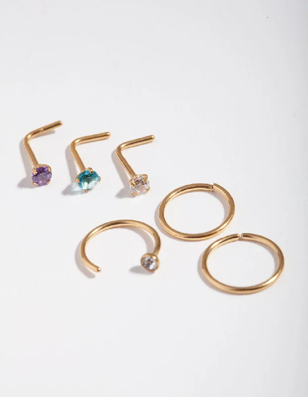Stunning Nose Rings for All Fashion Lovers -Surgical Steel Gold Diamante Nose 6-Pack Stunning Nose Rings for All Fashion Lovers -Surgical Steel Gold Diamante Nose 6-Pack