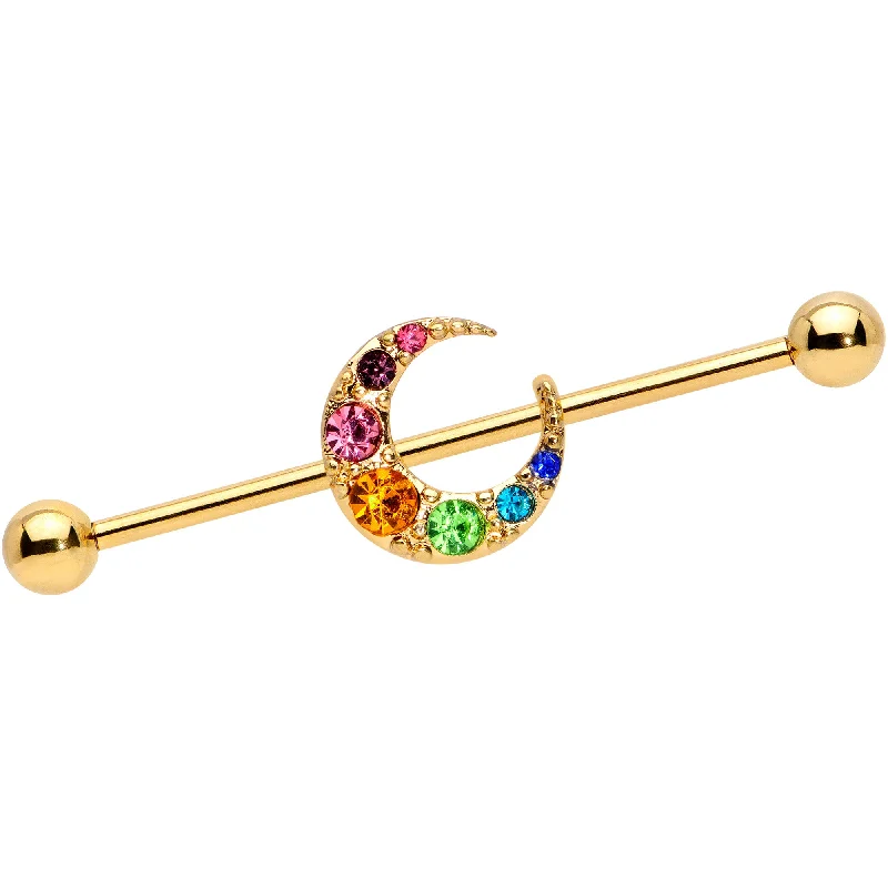 Women's Earrings – Elegant Designs for Every Personality--14 Gauge Rainbow Gem Gold Tone Crescent Moon Industrial Barbell 38mm Women's Earrings – Elegant Designs for Every Personality--14 Gauge Rainbow Gem Gold Tone Crescent Moon Industrial Barbell 38mm