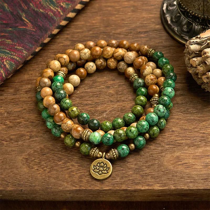 Stylish Beaded Bracelets for Men-Buddha Stones 108 Mala Beads Natural Stone Picture Jasper Turquoise Lotus Positive Bracelet Stylish Beaded Bracelets for Men-Buddha Stones 108 Mala Beads Natural Stone Picture Jasper Turquoise Lotus Positive Bracelet