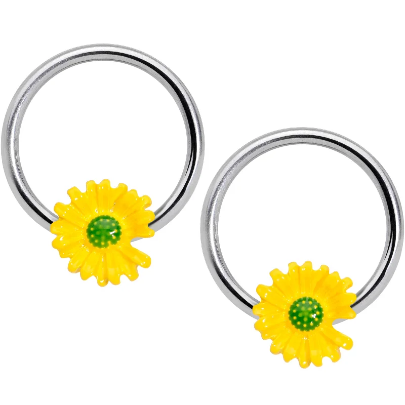 Silver Lip Rings for Elegant Appeal14 Gauge 1/2 Yellow Daisy BCR Captive Nipple Ring Set