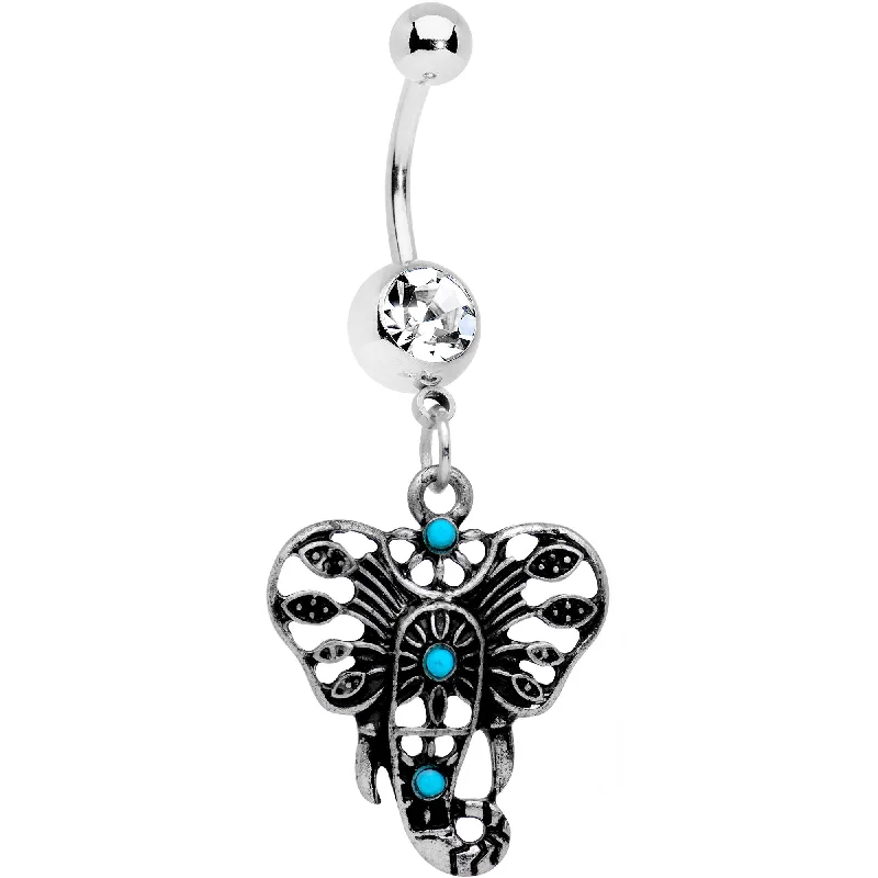 Stylish Belly Rings for Bold Statements -Clear Aqua Gem Elephant Outline Dangle Belly Ring