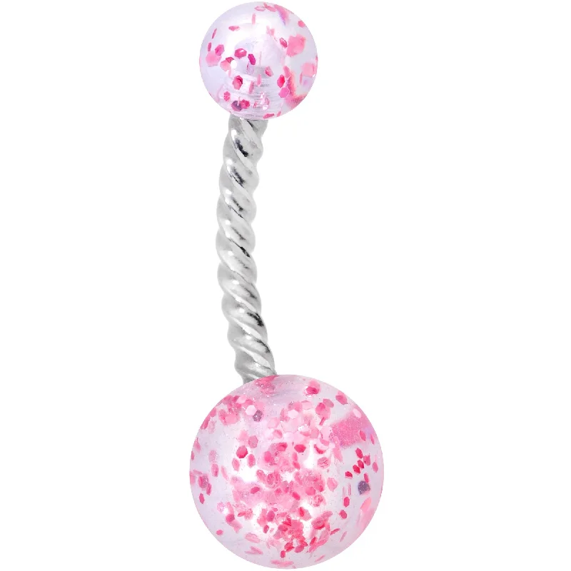 Silver Belly Rings for Elegant Appeal -Clearly Coiled Pink Glitter Explosion Twisted Belly Ring Silver Belly Rings for Elegant Appeal -Clearly Coiled Pink Glitter Explosion Twisted Belly Ring