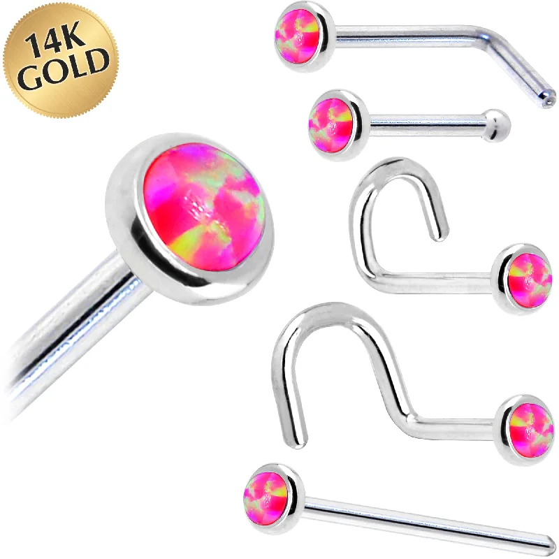 Nose Rings for Evening Wear -Solid 14KT White Gold 2mm Brilliant Pink Synthetic Opal Nose Ring Nose Rings for Evening Wear -Solid 14KT White Gold 2mm Brilliant Pink Synthetic Opal Nose Ring