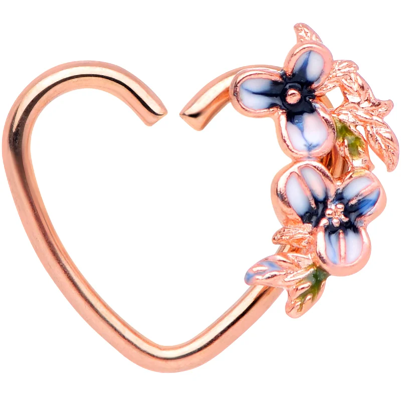 Women's Earrings – Elegant Designs for Every Personality--18 Gauge 3/8 Rose Gold Tone Blue Flower Heart Left Closure Ring