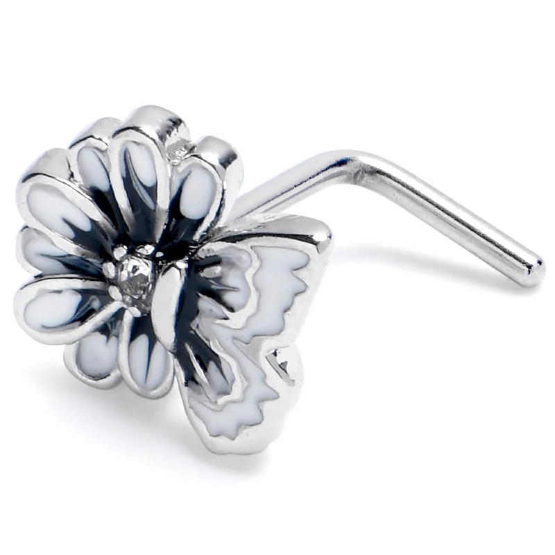Nose Rings with Stars -20 Gauge 1/4 Clear CZ Gem Butterfly Blossom White L Shape Nose Ring Nose Rings with Stars -20 Gauge 1/4 Clear CZ Gem Butterfly Blossom White L Shape Nose Ring