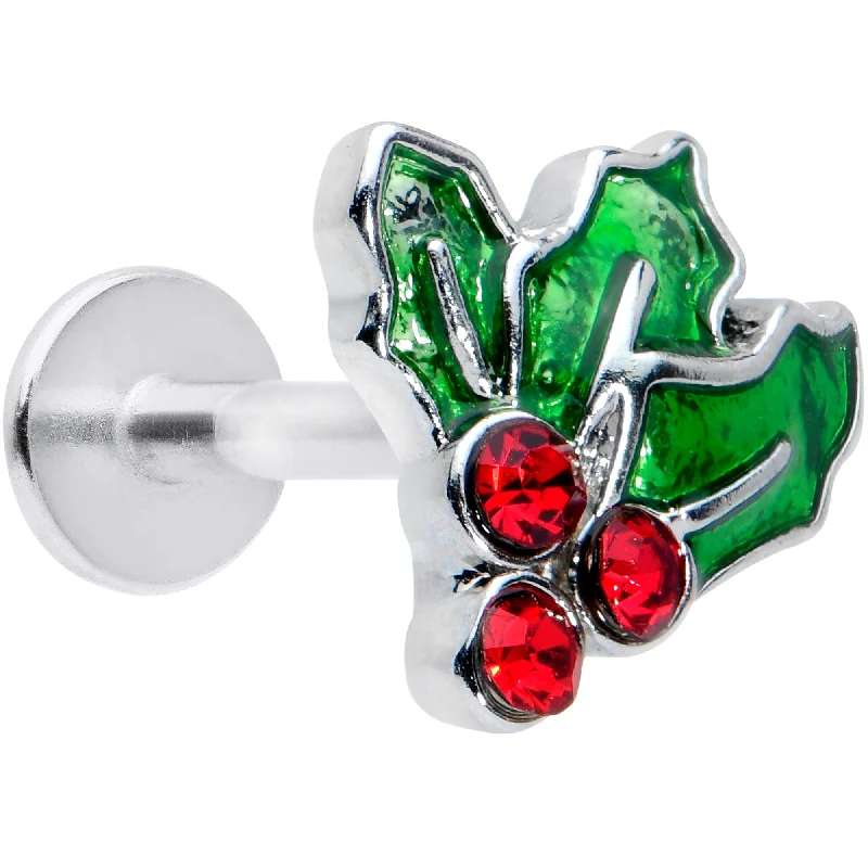 Women's Earrings – Elegant Designs for Every Personality--16 Gauge 1/4 Red Gem Holly Berry Christmas Holiday Labret Tragus