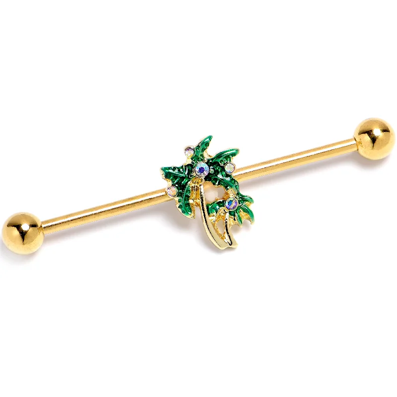 Women's Earrings – Elegant Designs for Every Personality--14 Gauge Aurora Gem Gold Tone Palm Tree Glam Industrial Barbell 38mm