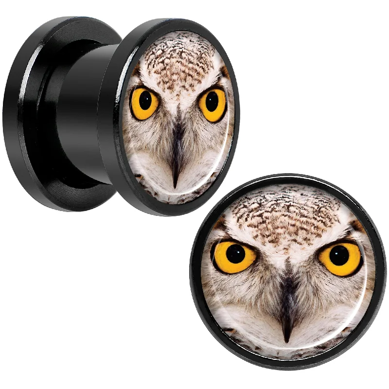 Women's Earrings – Elegant Designs for Every Personality--Full Color Owl Black Anodized Screw Fit Plug Set 00 Gauge