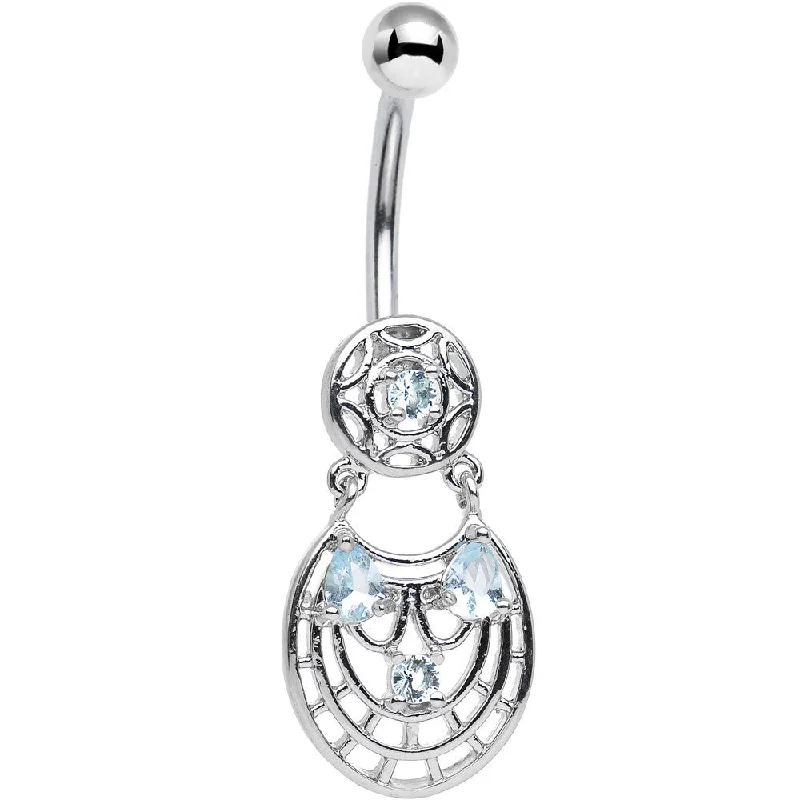 Designer Belly Rings for Luxury Look -Blue CZ Gem Circular Woven Pattern Dangle Belly Ring Designer Belly Rings for Luxury Look -Blue CZ Gem Circular Woven Pattern Dangle Belly Ring
