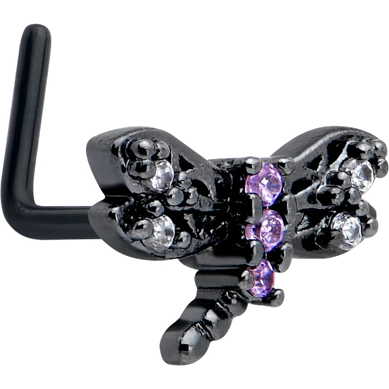 Nose Rings with Flower Motif -20 Gauge 7mm Purple CZ Gem Black Night Dragonfly L Shape Nose Ring Nose Rings with Flower Motif -20 Gauge 7mm Purple CZ Gem Black Night Dragonfly L Shape Nose Ring