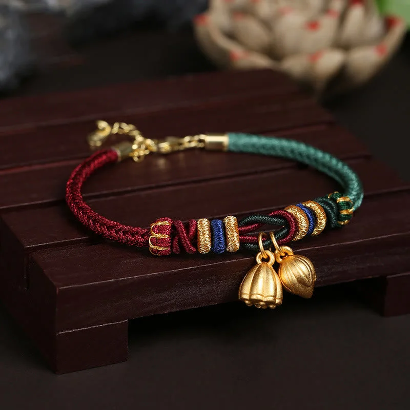 Handcrafted Bangles with Gemstone Settings for Women-Buddha Stones 999 Sterling Silver Lotus Pod Design Luck Red Green String Bracelet Handcrafted Bangles with Gemstone Settings for Women-Buddha Stones 999 Sterling Silver Lotus Pod Design Luck Red Green String Bracelet