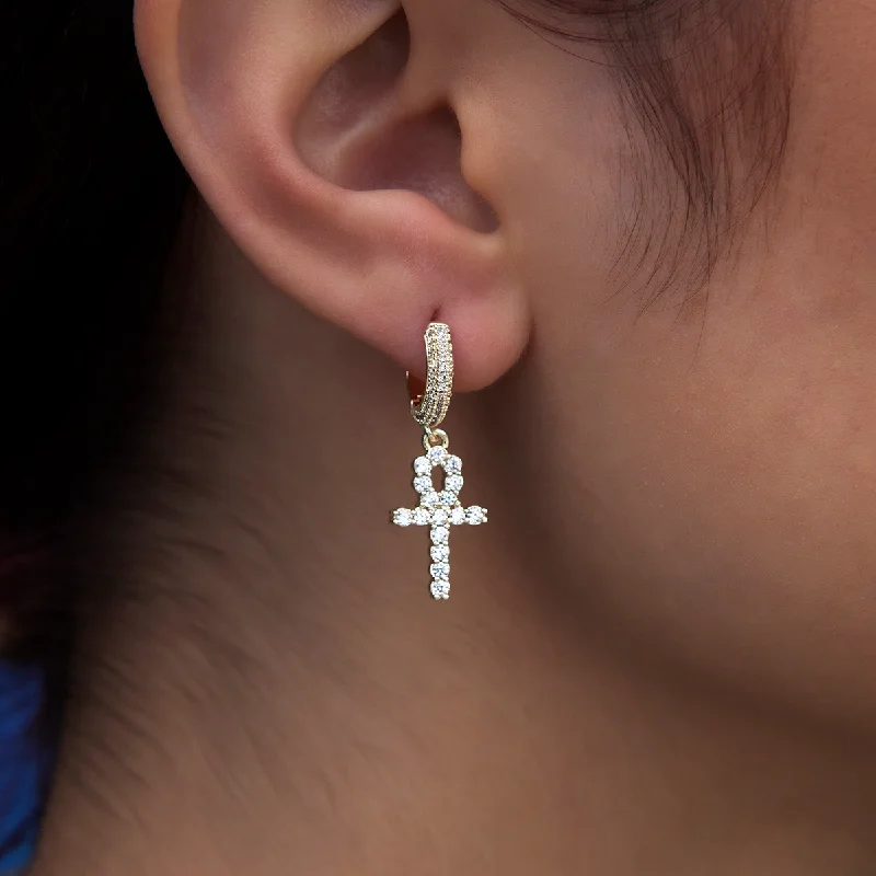 Women's Earrings – Elegant Designs for Every Personality--Iced Ankh Cross Huggie Hoop Earrings