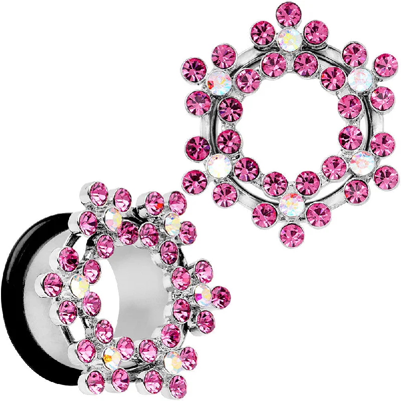 Women's Earrings – Elegant Designs for Every Personality--18mm Pink and Aurora Gem Snowflake Steel Tunnel Plug Set Women's Earrings – Elegant Designs for Every Personality--18mm Pink and Aurora Gem Snowflake Steel Tunnel Plug Set