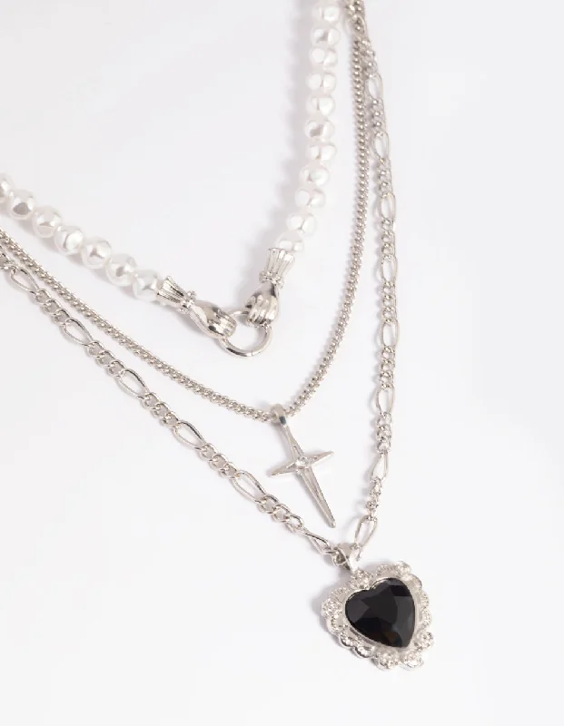 Shop Classic Women's Necklaces & Pendants with a Modern Twist-Silver Pearl Heart Star Layered Necklace Shop Classic Women's Necklaces & Pendants with a Modern Twist-Silver Pearl Heart Star Layered Necklace