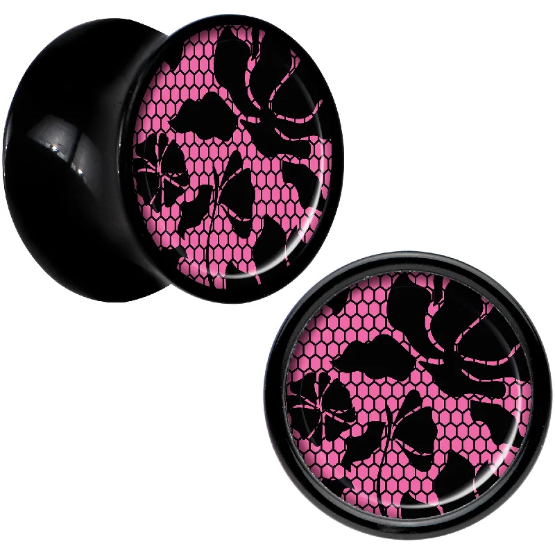 Women's Earrings – Elegant Designs for Every Personality--Black Acrylic Pink Floral Lace Saddle Plug Set 00 Gauge