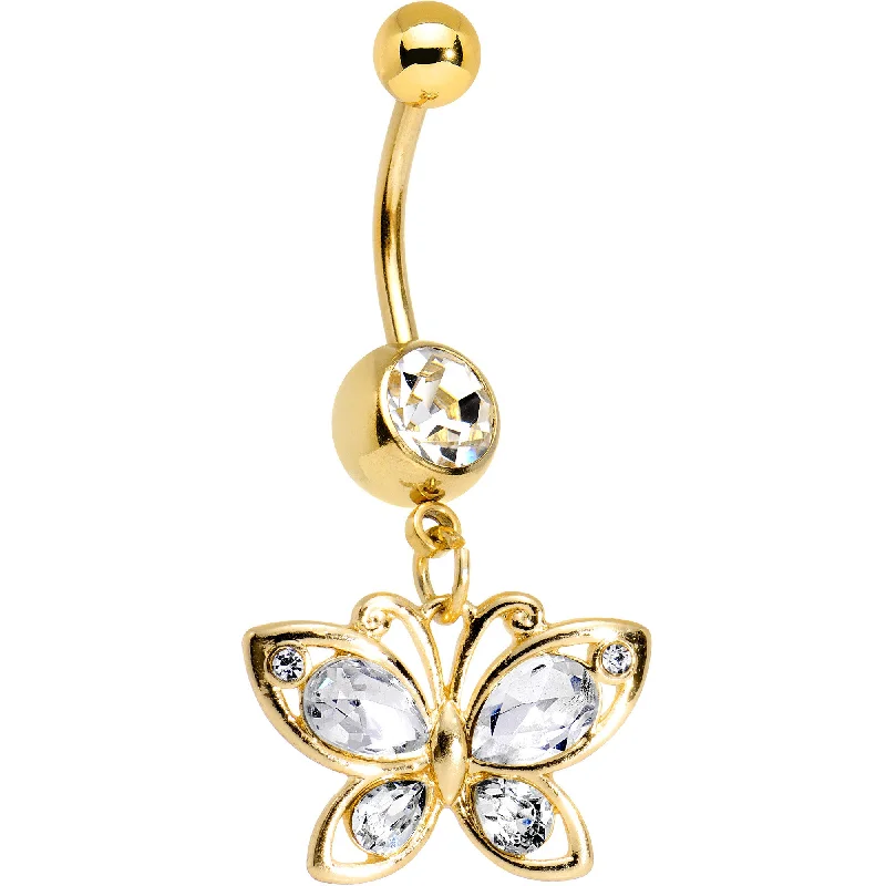 Belly Rings with Heart-Shaped Designs -Clear Gem Gold PVD Burst of Color Butterfly Dangle Belly Ring Belly Rings with Heart-Shaped Designs -Clear Gem Gold PVD Burst of Color Butterfly Dangle Belly Ring