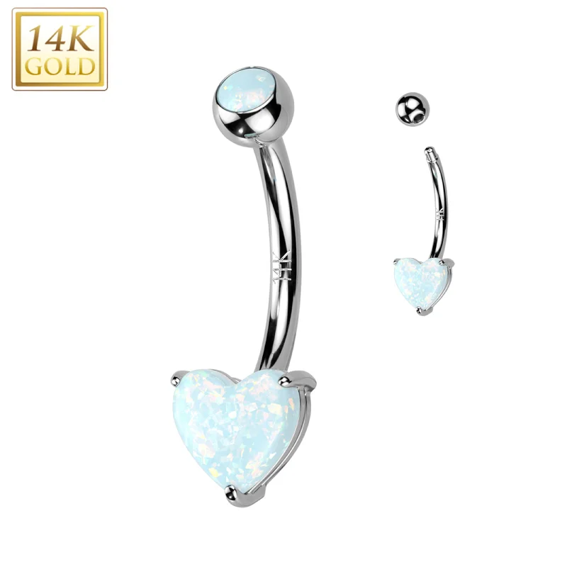 Comfortable Belly Rings for Fashionable Women -14kt Solid White Gold 6mm Synthetic Opal Heart Belly Ring Comfortable Belly Rings for Fashionable Women -14kt Solid White Gold 6mm Synthetic Opal Heart Belly Ring