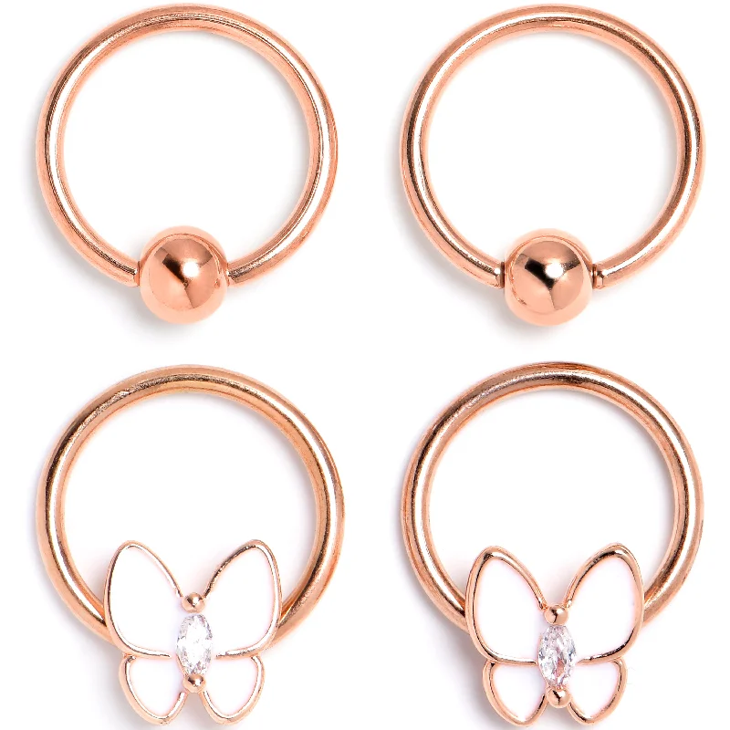 Chic Lip Rings for Every Fashionista16 Gauge 3/8 Clear Gem Rose Gold Tone Butterfly BCR Captive Ring Set of 4