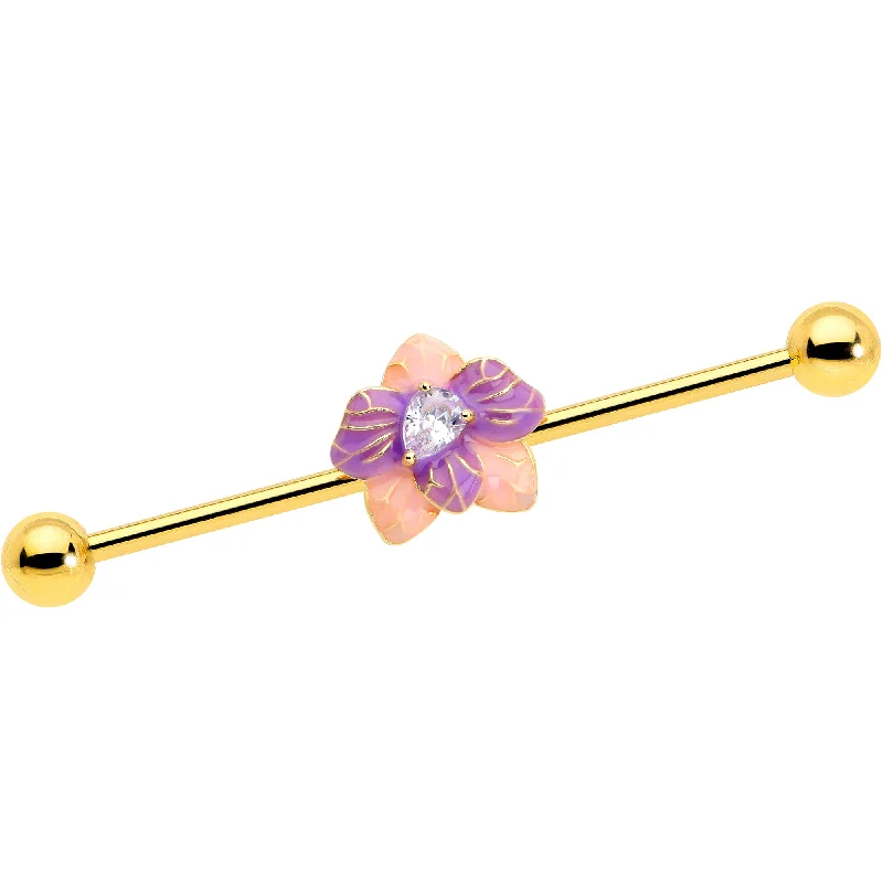Women's Earrings – Elegant Designs for Every Personality--14 Gauge Clear Gem Gold Tone Pastel Flower Industrial Barbell 38mm