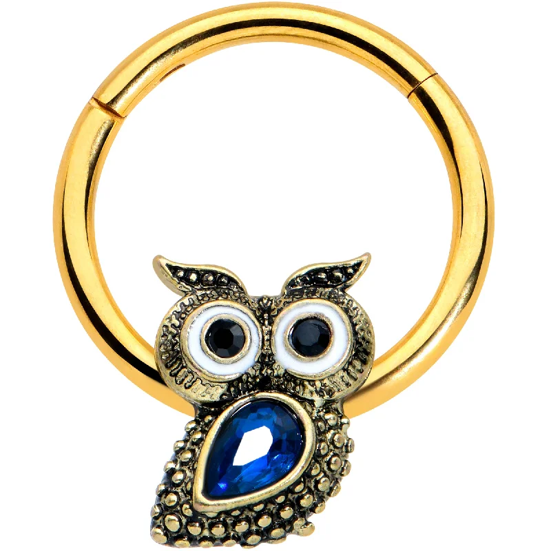 Nose Rings for Bold Fashion Statement -16 Gauge 3/8 Blue Gem Gold Tone Wide Eyed Owl Hinged Segment Ring Nose Rings for Bold Fashion Statement -16 Gauge 3/8 Blue Gem Gold Tone Wide Eyed Owl Hinged Segment Ring