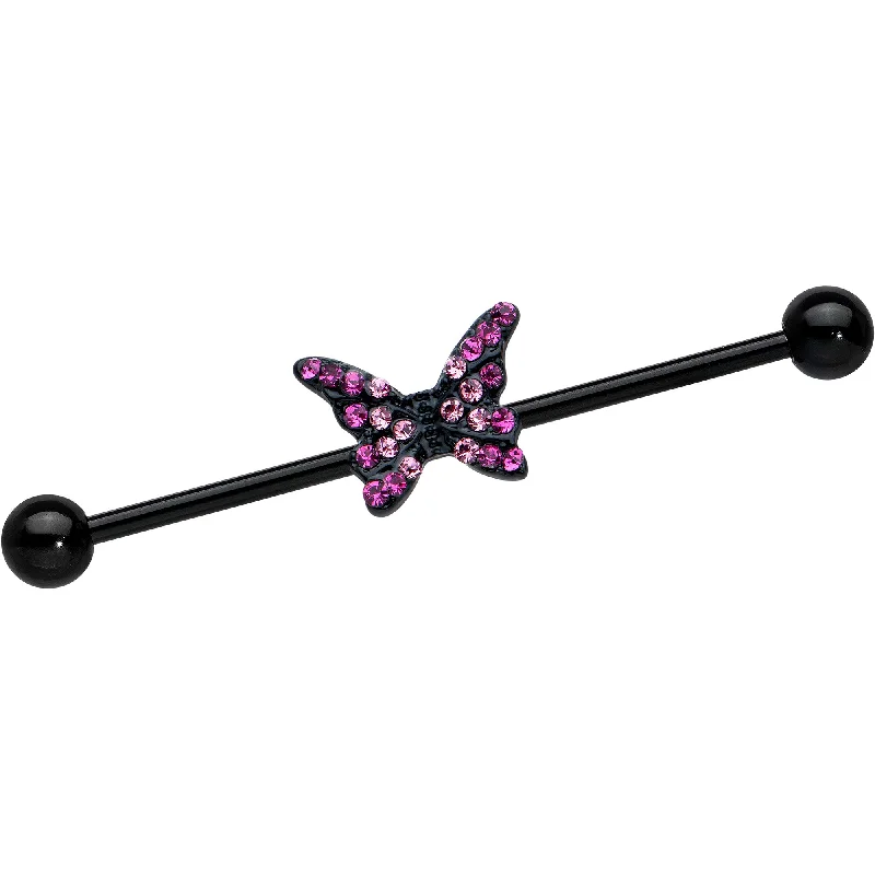 Women's Earrings – Elegant Designs for Every Personality--14 Gauge Pink Gem Black Midnight Butterfly Industrial Barbell 38mm