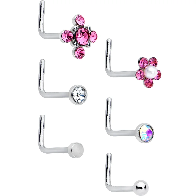 Bold Nose Rings with Glamorous Stones -20 Gauge 1/4 Aurora Pink CZ Gem Flower L Shape Nose Ring Set of 6 Bold Nose Rings with Glamorous Stones -20 Gauge 1/4 Aurora Pink CZ Gem Flower L Shape Nose Ring Set of 6