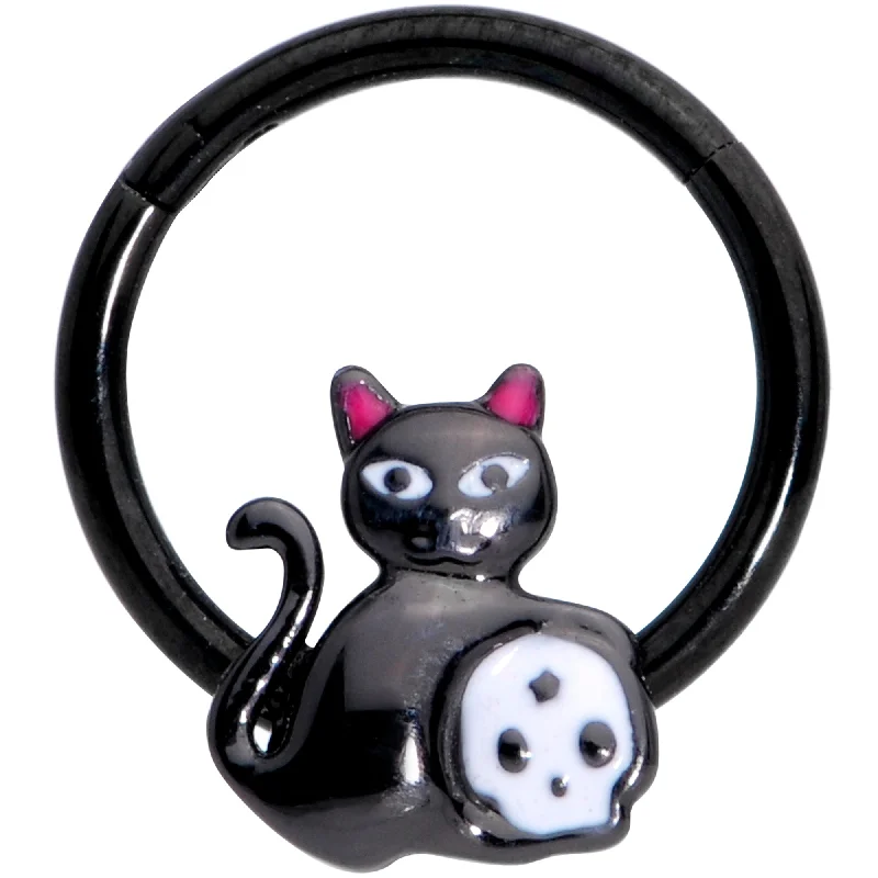 Tribal Nose Rings -16 Gauge 3/8 Black Cat Skull Halloween Hinged Segment Ring