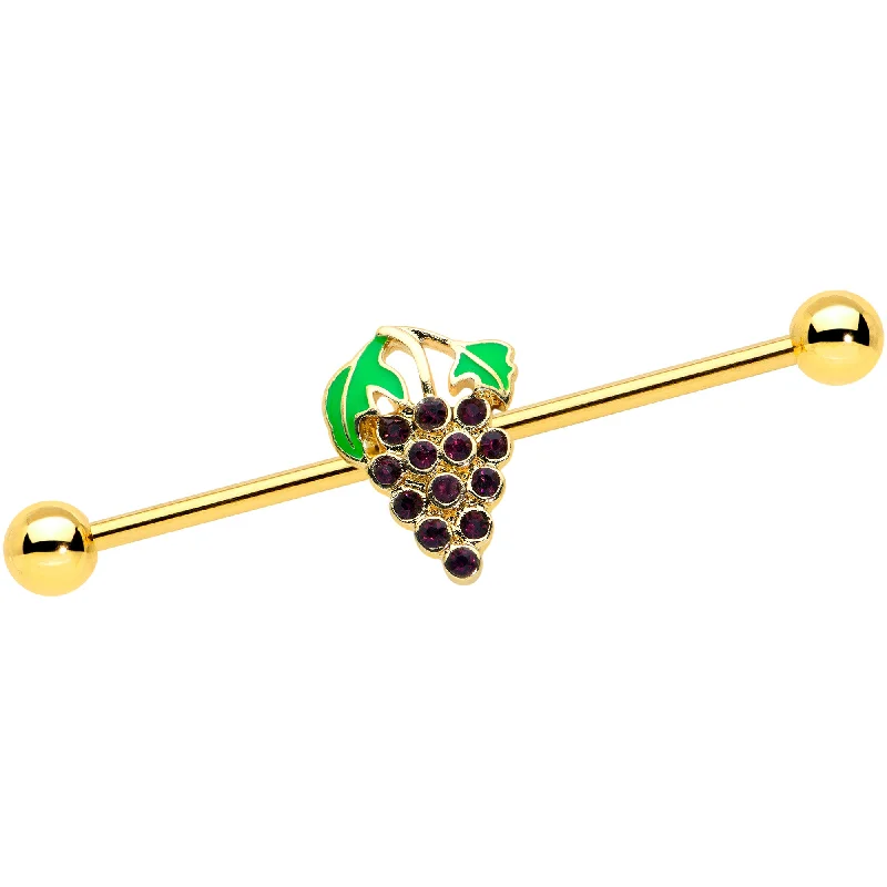 Women's Earrings – Elegant Designs for Every Personality--14 Gauge Gold Tone Delicious Grapes Fruit Industrial Barbell 38mm