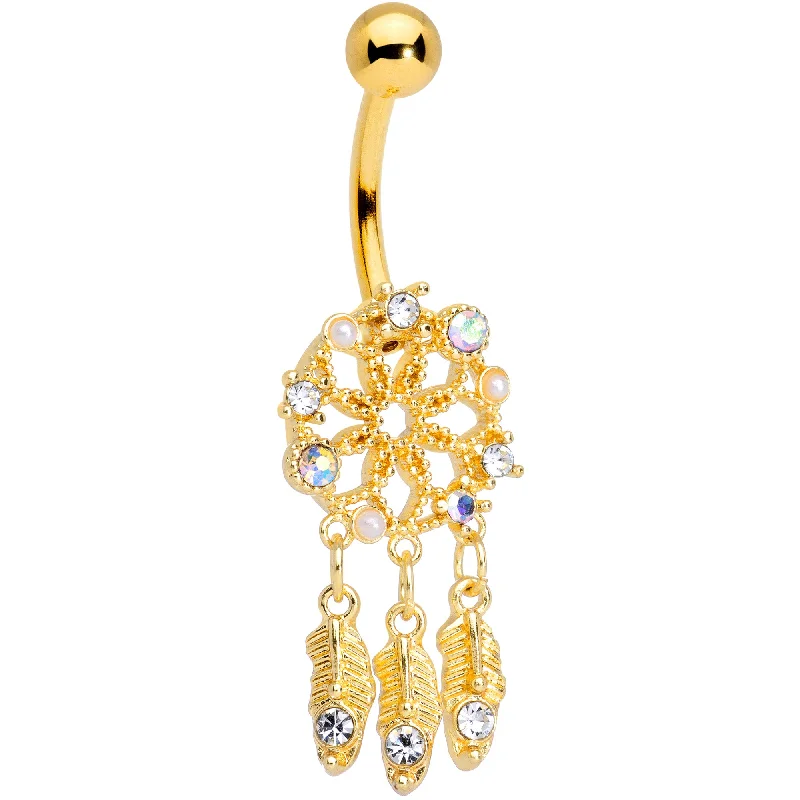 Beautiful Belly Rings for Stunning Fashion -Aurora Gem Gold Tone Dreamcatcher Feather Dangle Belly Ring Beautiful Belly Rings for Stunning Fashion -Aurora Gem Gold Tone Dreamcatcher Feather Dangle Belly Ring