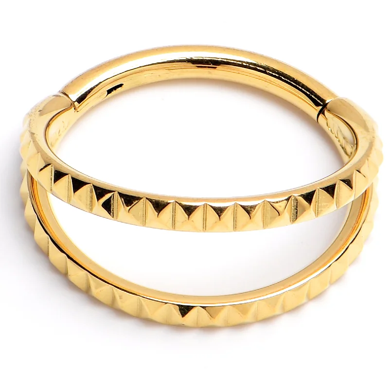 Nose Rings with Dazzling Details -16 Gauge 3/8" Gold PVD Double Spike Precision Hinged Segment Ring Nose Rings with Dazzling Details -16 Gauge 3/8" Gold PVD Double Spike Precision Hinged Segment Ring