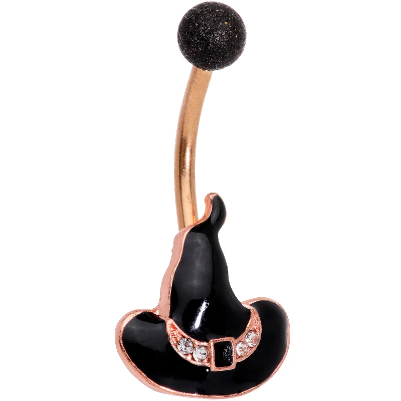 Trendy Belly Rings for Bold Style -Clear Gem Rose Gold Tone Black Halloween Witches Hat Belly Ring Trendy Belly Rings for Bold Style -Clear Gem Rose Gold Tone Black Halloween Witches Hat Belly Ring