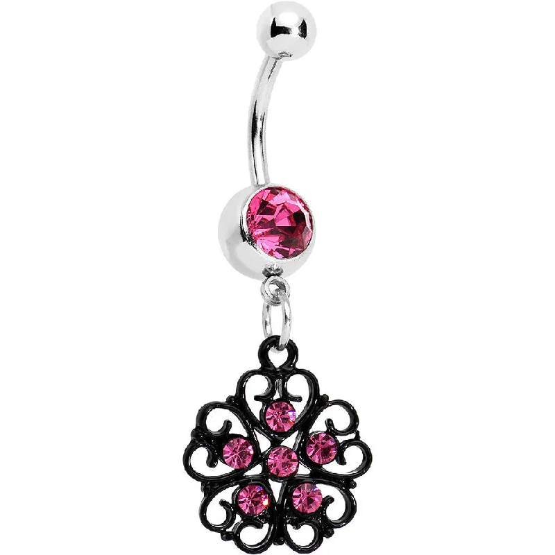 Belly Rings with Stylish Accents for Chic Fashion -Pink Czech Stone Black Quinate Romance Dangle Belly Ring Belly Rings with Stylish Accents for Chic Fashion -Pink Czech Stone Black Quinate Romance Dangle Belly Ring