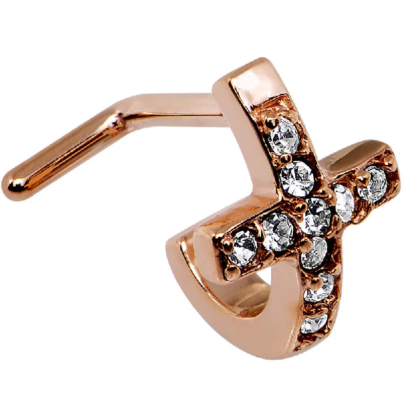 Nose Rings for Trendsetting Fashion -18 Gauge Clear Rose Gold PVD Cross Faux Hoop L Shaped Nose Ring Nose Rings for Trendsetting Fashion -18 Gauge Clear Rose Gold PVD Cross Faux Hoop L Shaped Nose Ring