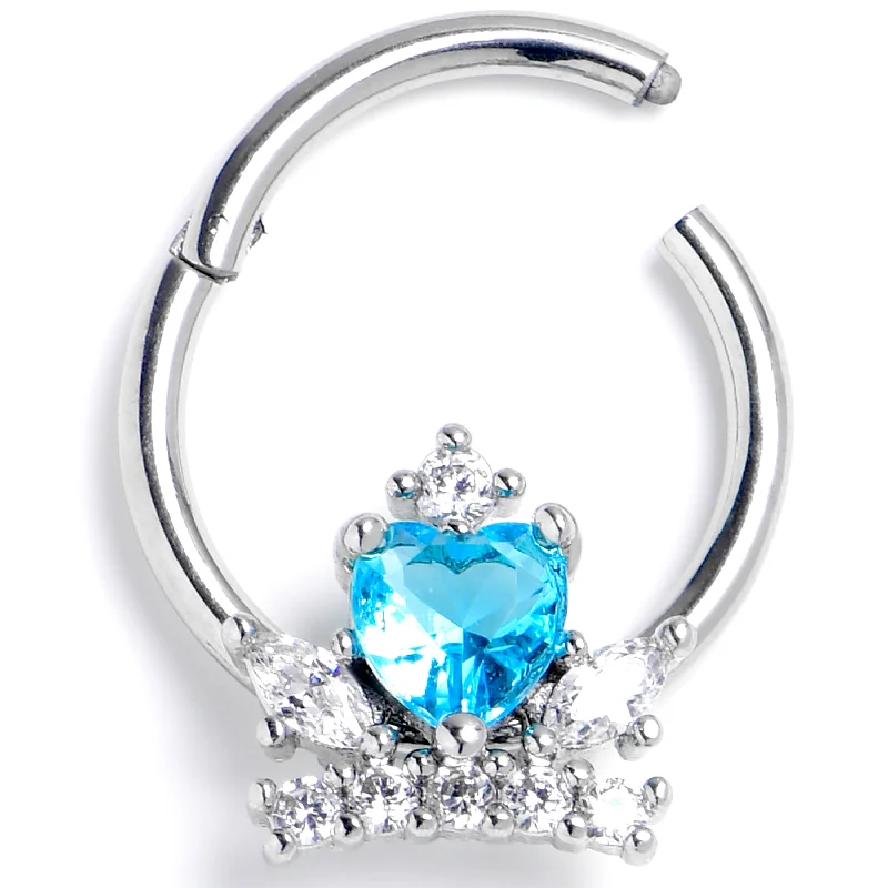 Women's Earrings – Elegant Designs for Every Personality--16 Gauge 3/8 Blue Clear Gem Heart Crown Hinged Segment Ring