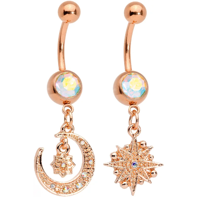 Trendy Belly Rings with Stylish Accents -Aurora Gem Rose Gold Tone Celestial Star Moon Dangle Belly Ring Set Trendy Belly Rings with Stylish Accents -Aurora Gem Rose Gold Tone Celestial Star Moon Dangle Belly Ring Set