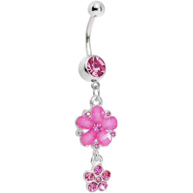Custom Belly Rings for Fashionable Touch -Pink Gem Dual Flower Drop Belly Ring