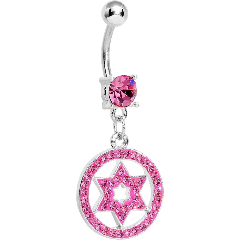 Trendy Belly Rings for Unique Fashion -Pink Gem Paved Enclosed Star of David Dangle Belly Ring Trendy Belly Rings for Unique Fashion -Pink Gem Paved Enclosed Star of David Dangle Belly Ring