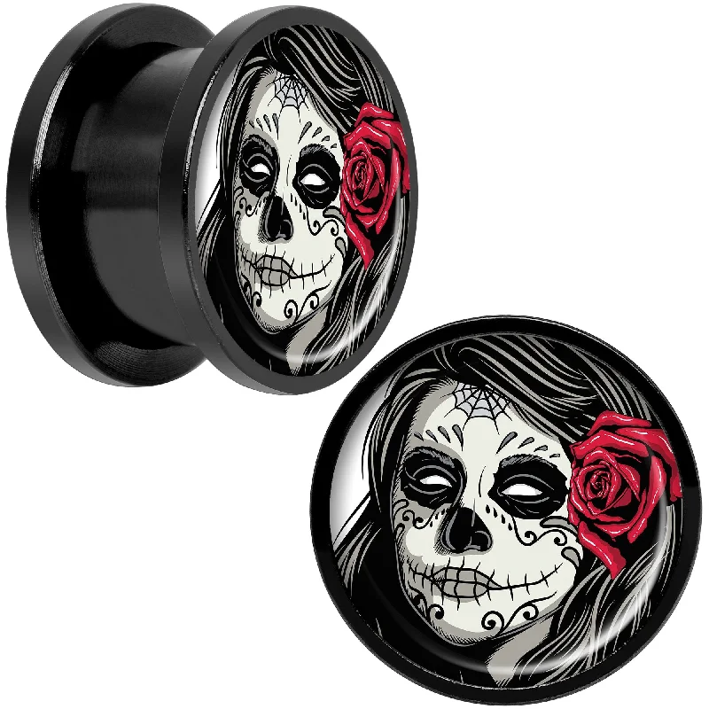 Women's Earrings – Elegant Designs for Every Personality--Katrina Sugar Skull with Rose Flower Black Anodized Screw Fit Plug Set 9/16