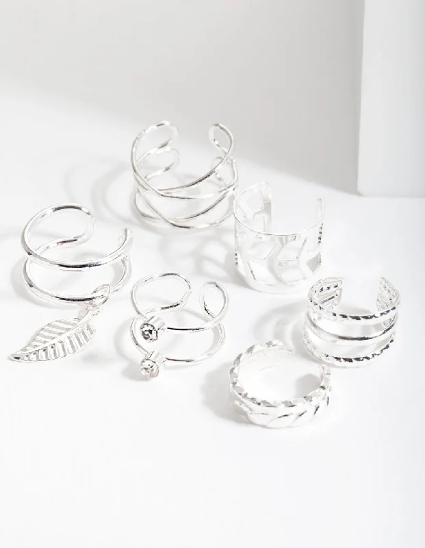 Women's Earrings – Elegant Designs for Every Personality--Silver Mixed Leaf Ear Cuff 6-Pack