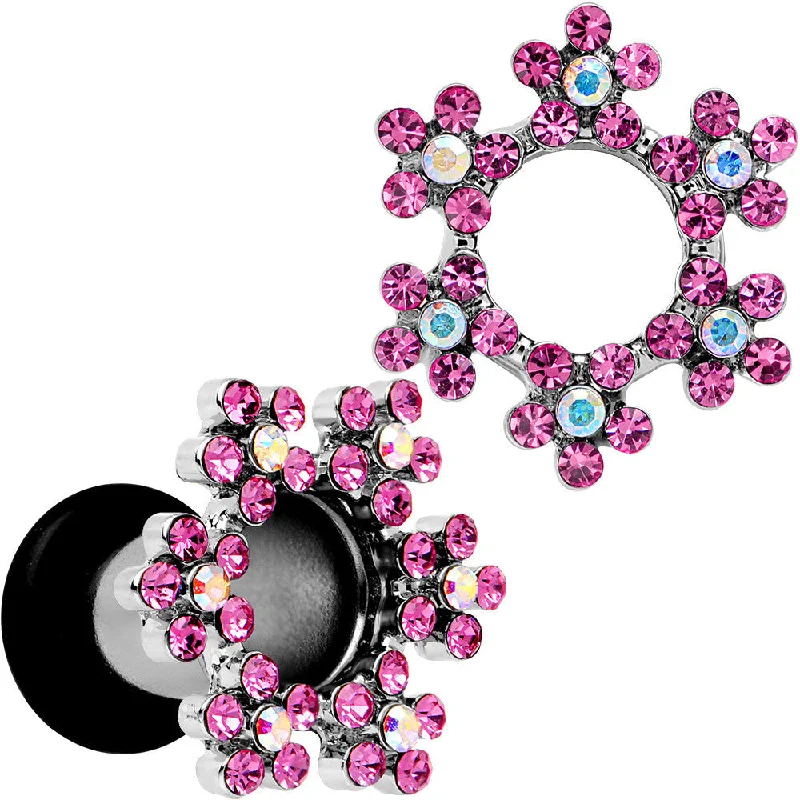 Women's Earrings – Elegant Designs for Every Personality--4 Gauge Pink and Aurora Gem Snowflake Steel Tunnel Plug Set Women's Earrings – Elegant Designs for Every Personality--4 Gauge Pink and Aurora Gem Snowflake Steel Tunnel Plug Set