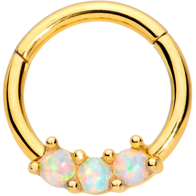 Affordable Nose Rings for Bold Styles -16 Gauge 5/16 White Synthetic Opal Gold Tone Trio Hinged Segment Ring Affordable Nose Rings for Bold Styles -16 Gauge 5/16 White Synthetic Opal Gold Tone Trio Hinged Segment Ring