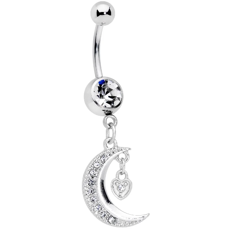 Trendy Belly Rings with Modern Features -Clear CZ Gem Heart Padlock Crescent Moon Dangle Belly Ring Trendy Belly Rings with Modern Features -Clear CZ Gem Heart Padlock Crescent Moon Dangle Belly Ring