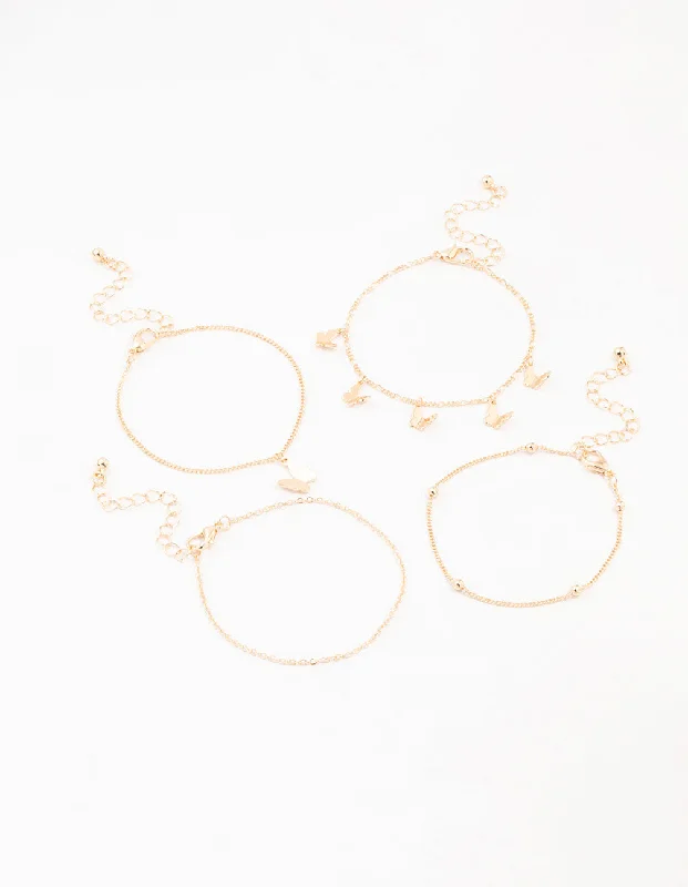 Simple Cuff Bangles for Women-Gold Butterfly Drop Bracelets 4-Pack