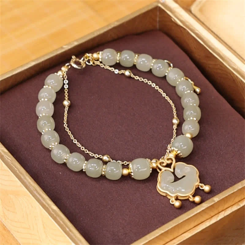 Women's Vintage Bangles with Engravings-Buddha Stones 14K Gold Plated Natural Hetian Jade Wish Lock Bell Chain Bracelet Women's Vintage Bangles with Engravings-Buddha Stones 14K Gold Plated Natural Hetian Jade Wish Lock Bell Chain Bracelet