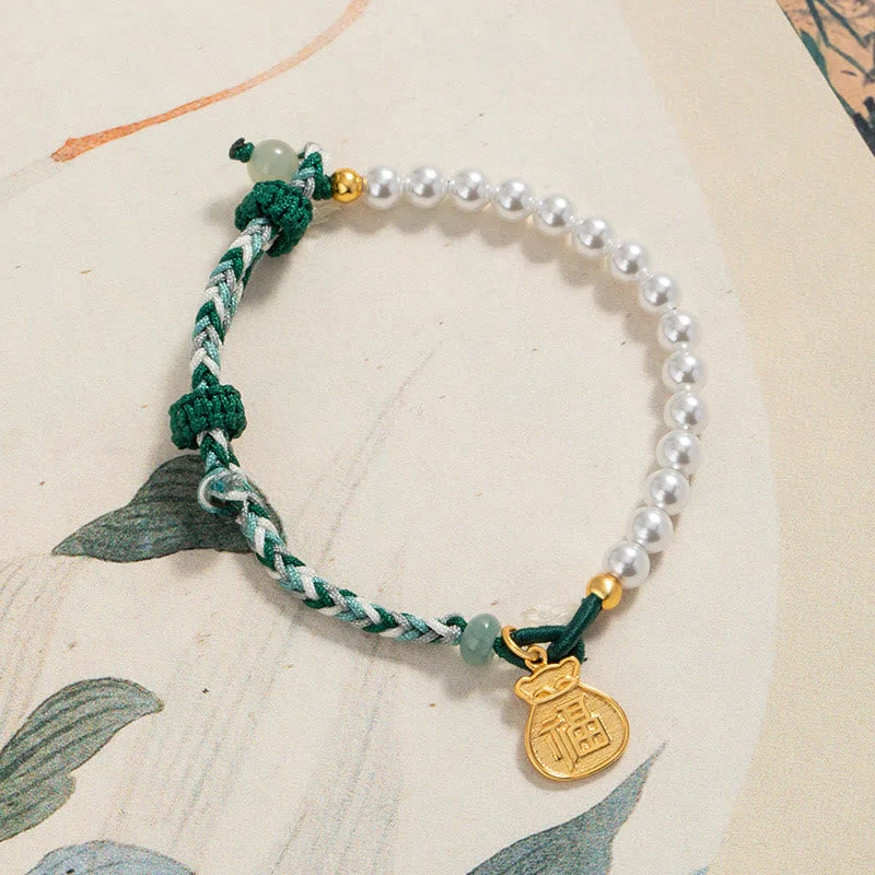 Wedding-Ready Bangles for Women-Buddha Stones 925 Sterling Silver Fu Character Lucky Bag Pearl Hetian Jade Wisdom Rope Bracelet Wedding-Ready Bangles for Women-Buddha Stones 925 Sterling Silver Fu Character Lucky Bag Pearl Hetian Jade Wisdom Rope Bracelet