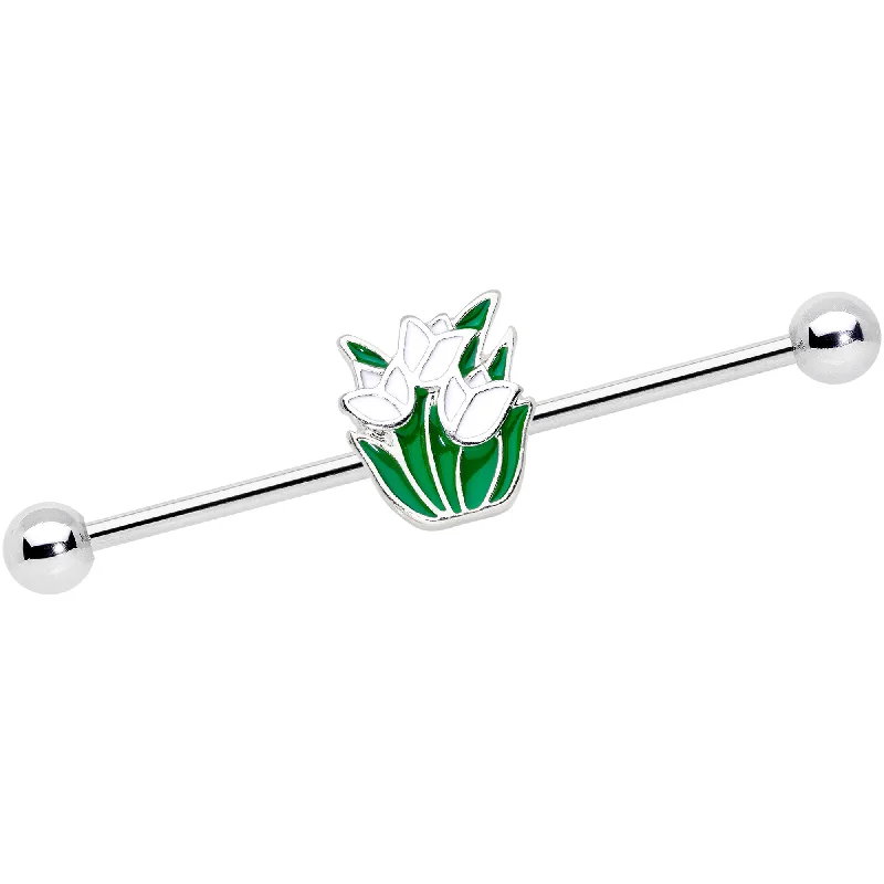 Women's Earrings – Elegant Designs for Every Personality--14 Gauge Spring White Tulip Flower Industrial Barbell 38mm Women's Earrings – Elegant Designs for Every Personality--14 Gauge Spring White Tulip Flower Industrial Barbell 38mm