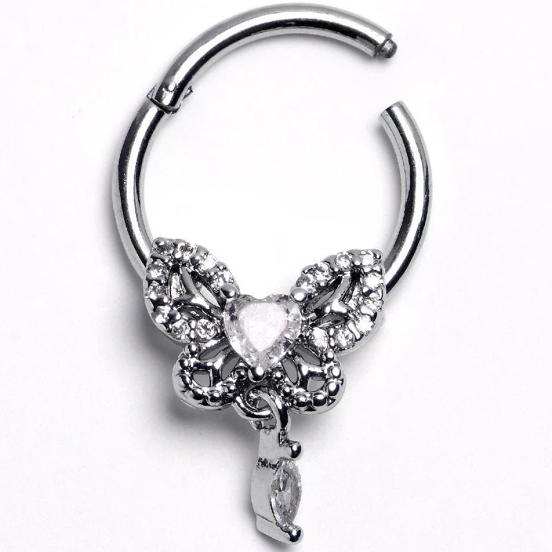 Women's Earrings – Elegant Designs for Every Personality--16 Gauge 5/16 Clear Gem Whimsical Butterfly Segment Ring with Dangle Women's Earrings – Elegant Designs for Every Personality--16 Gauge 5/16 Clear Gem Whimsical Butterfly Segment Ring with Dangle