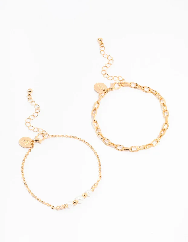 Custom Silver Bangles for Women-Gold Chain Link & Pearl Bracelets 2-Pack